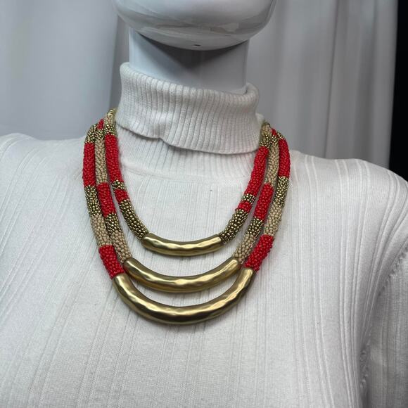 Chico's statement necklace red and gold tone multi strand signed costume jewelry - Picture 10 of 14